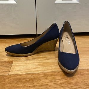 Roses V-Cut Canvas: medium wedge slip on espadrilles size 7.5 (runs small)